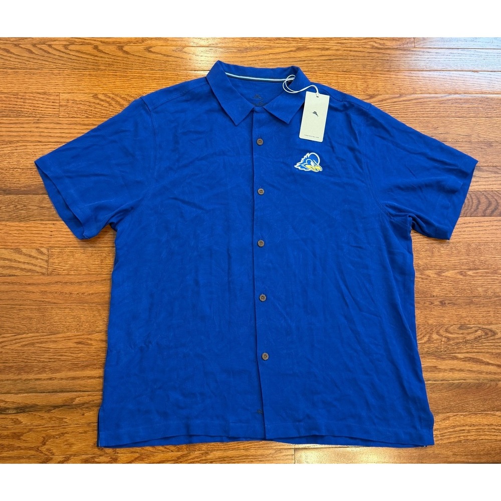 New Tommy Bahama x Delaware Blue Hens Hawaiian Shirt Mens XL Jacquard Print Silk